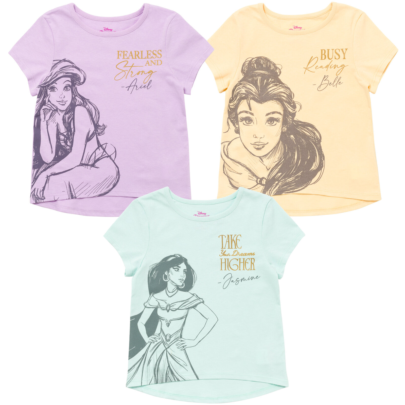 Disney Princess Jasmine Belle Ariel Little Girls 3 Pack T-Shirts Little Kid to Big